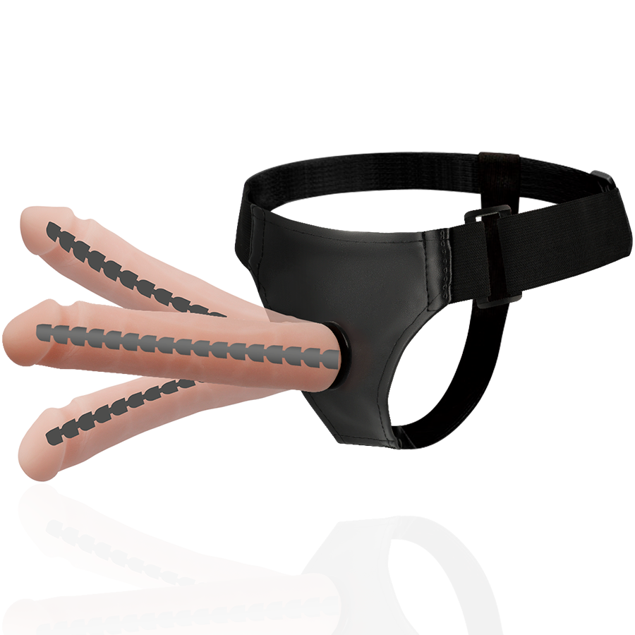 Black harness with pink gloves on a white background